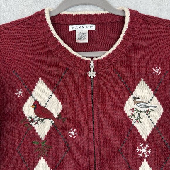 Vtg Holiday Sweater Womens L Red Full Zip Christmas Winter Bird Cardinal Grandma - Picture 2 of 11